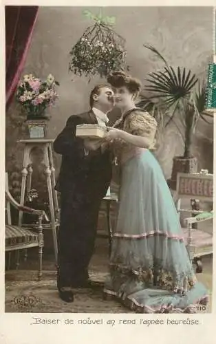 Romantic elegant couple greetings postcard elegance coiffure dress moustache glam