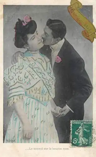 Romantic elegant couple greetings postcard elegance coiffure moustache souhaits