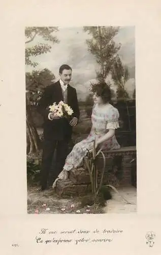 Romantic elegant couple greetings postcard elegance coiffure moustache flower bouquet