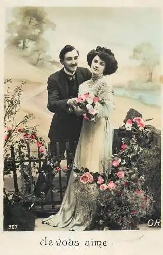 Romantic elegant couple greetings postcard elegance coiffure moustache flower bouquet