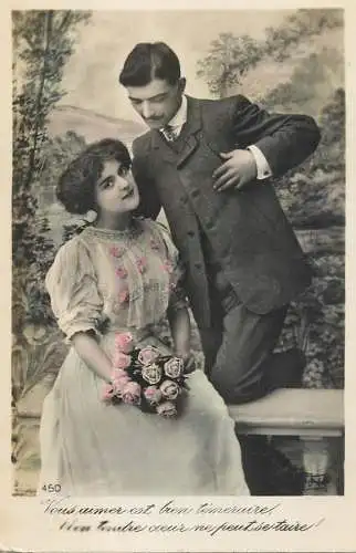 Romantic elegant couple greetings postcard elegance coiffure moustache flower bouquet