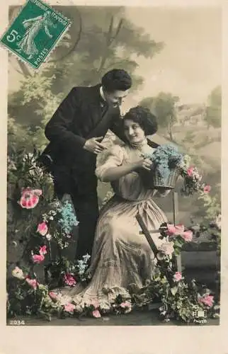 Romantic fancy couple greetings postcard moustache elegance coiffure dress flower