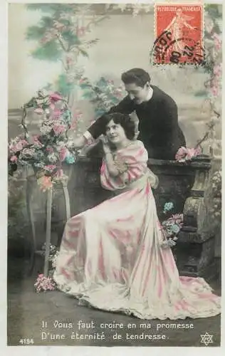 Romantic fancy couple greetings postcard moustache elegance coiffure dress flower