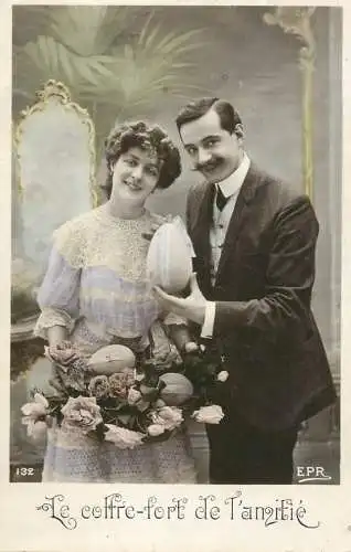 Romantic fancy couple greetings postcard moustache elegance coiffure dress flower Bouquet Easter egg