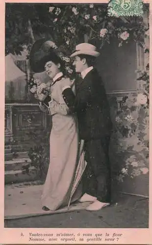 Romantic fancy couple greetings postcard moustache elegance coiffure hat glam dress