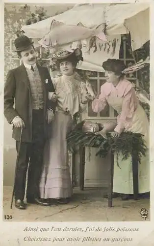 Romantic fancy couple greetings postcard moustache elegance coiffure hat glam dress 1st of April fish