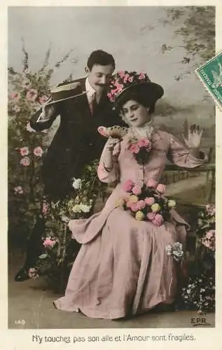 Romantic fancy couple greetings postcard moustache elegance coiffure hat glam dress