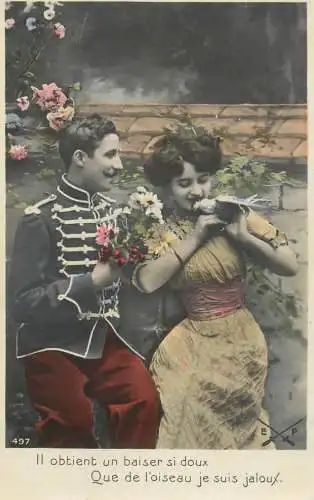 Romantic fancy couple greetings postcard moustache elegance coiffure dress uniform bird