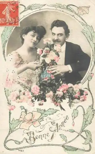 Romantic fancy couple greetings postcard moustache elegance coiffure dress glam bonne annee