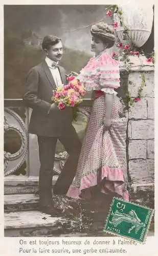 Romantic fancy couple greetings postcard moustache elegance coiffure dress glam