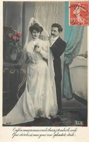 Romantic fancy couple greetings postcard moustache wedding bride groom elegance
