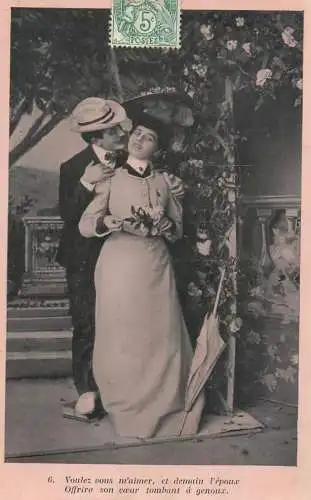 Romantic fancy couple greetings postcard moustache dress coiffure elegance flower umbrella hat