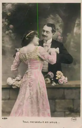 Romantic fancy couple greetings postcard moustache dress coiffure elegance flower