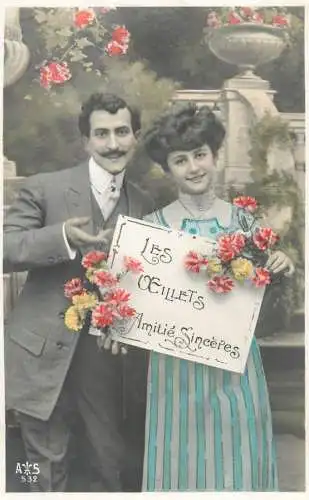 Romantic fancy couple greetings postcard moustache dress coiffure les Oeillets amitie sinceres