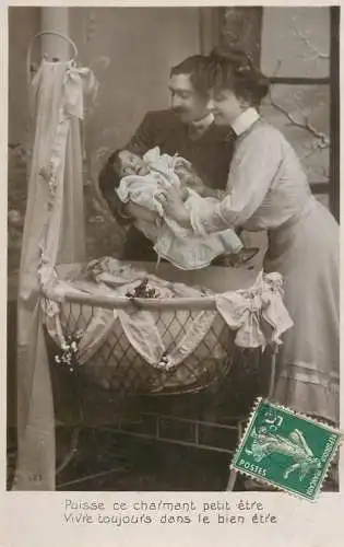 Romantic fancy couple greetings postcard moustache dress coiffure baby