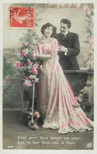 Romantic fancy couple greetings postcard moustache dress coiffure glam flower