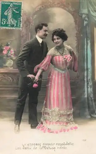 Romantic fancy couple greetings postcard moustache dress coiffure glam flower