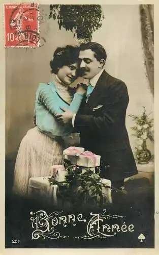 Romantic fancy couple greetings postcard moustache dress coiffure glam flower Bonne Annee