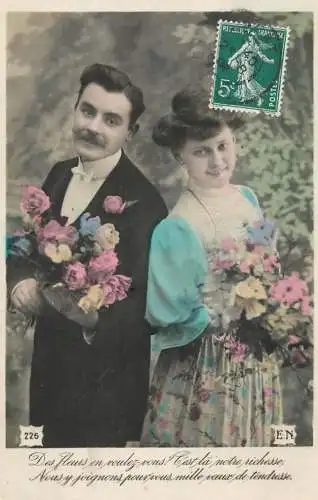 Romantic fancy couple greetings postcard moustache dress coiffure glam flower