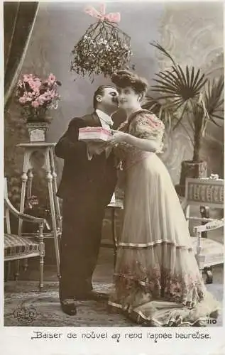 Romantic fancy couple greetings postcard moustache dress coiffure glam flower