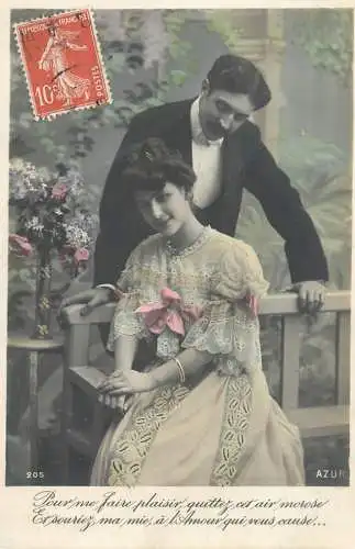 Romantic fancy couple greetings postcard moustache dress coiffure glam