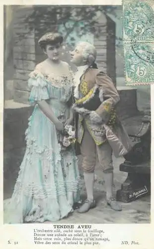 Romantic fancy couple greetings postcard dress hat elegance coiffure renaissance