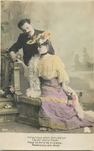 Romantic fancy couple greetings postcard moustache dress hat elegance coiffure