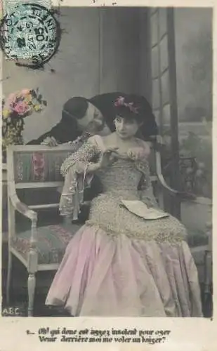 Romantic fancy couple greetings postcard moustache dress elegance flower