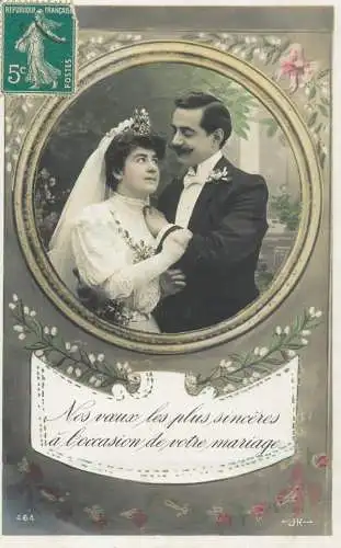 Romantic fancy couple greetings postcard moisture wedding bride groom elegance