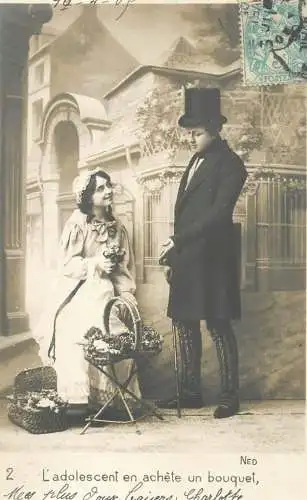 Romantic fancy couple greetings postcard coiffure elegance glam flower seller