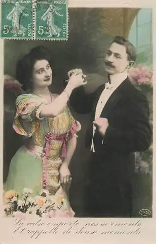 Romantic fancy couple greetings postcard moustache coiffure elegance glam