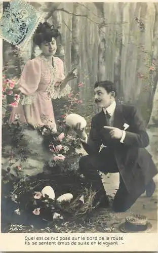 Romantic fancy couple greetings postcard moustache coiffure elegance Easter egg