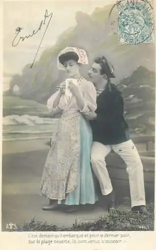 Romantic fancy couple greetings postcard moustache coiffure traditional costume sailor