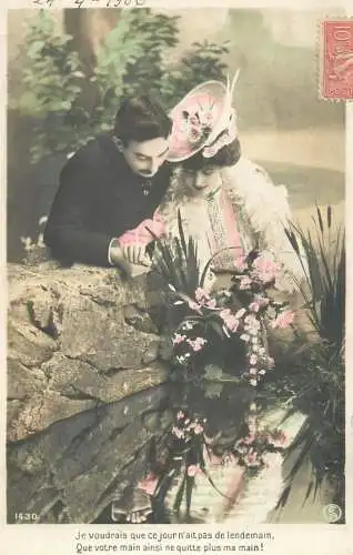 Romantic fancy couple greetings postcard elegance moustache coiffure hat nature