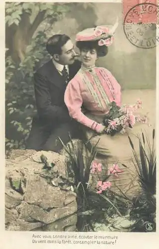 Romantic fancy couple greetings postcard elegance moustache coiffure hat nature