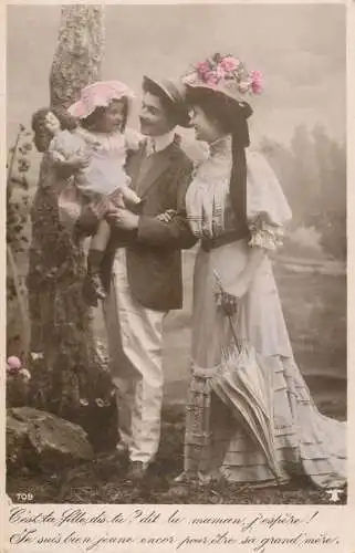 Romantic fancy couple greetings postcard elegance moustache coiffure hat baby