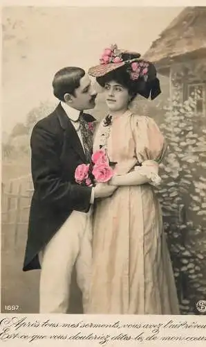 Romantic fancy couple greetings postcard elegance moustache coiffure hat