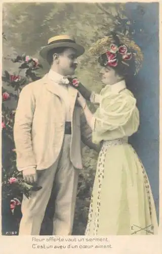 Romantic fancy couple greetings postcard elegance moustache coiffure hat