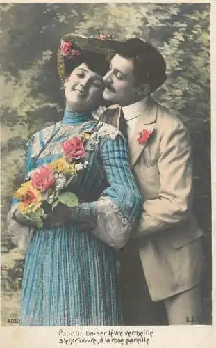 Romantic fancy couple greetings postcard elegance moustache coiffure hat flower bouquet