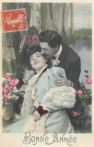 Romantic fancy couple greetings postcard elegance moustache coiffure hat Bonne Annee