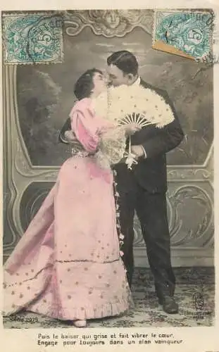 Romantic fancy couple greetings postcard elegance pink dress tuxedo fan