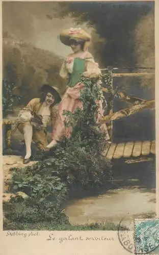 Romantic fancy couple greetings postcard elegance dress and hats glam
