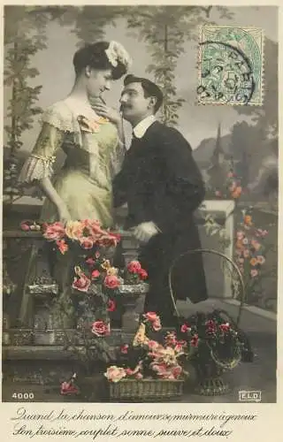Romantic fancy couple greetings postcard moustache dress elegance coiffure glam flower