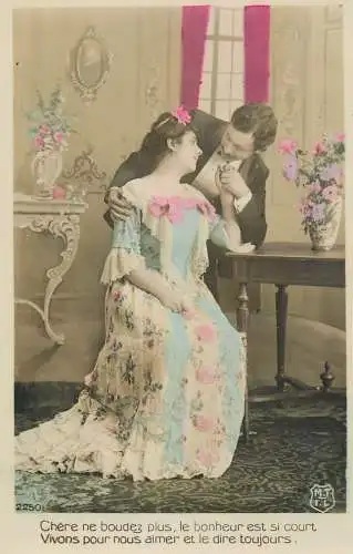 Romantic fancy couple greetings postcard moustache dress elegance coiffure glam
