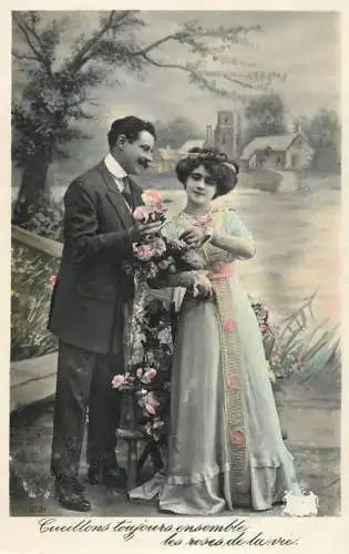 Romantic fancy couple greetings postcard moustache dress elegance coiffure lake side