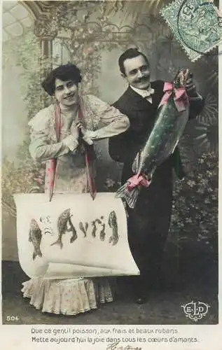 Romantic fancy couple greetings postcard moustache dress elegance coiffure fish 1st of April