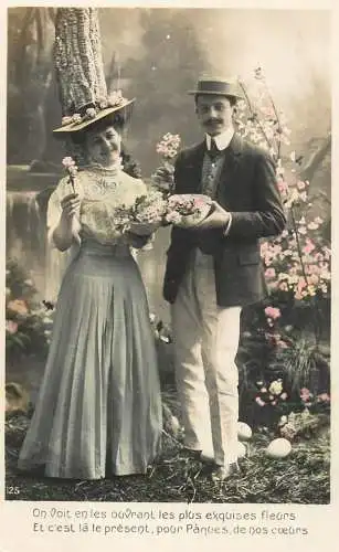 Romantic fancy couple greetings postcard moustache dress elegance coiffure flower hat Easter egg