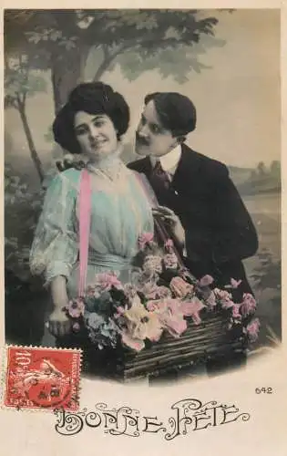 Romantic fancy couple greetings postcard moustache dress elegance coiffure flower cart Bonne fete