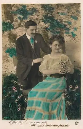 Romantic fancy couple greetings postcard moustache dress elegance coiffure