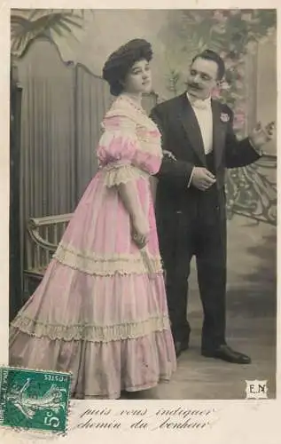 Romantic fancy couple greetings postcard moustache dress elegance coiffure tuxedo